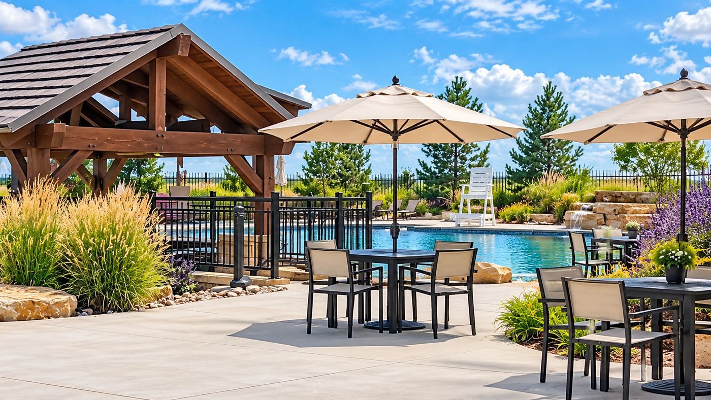 Resort-style pool with cabana and umbrella seating at Heron Lakes