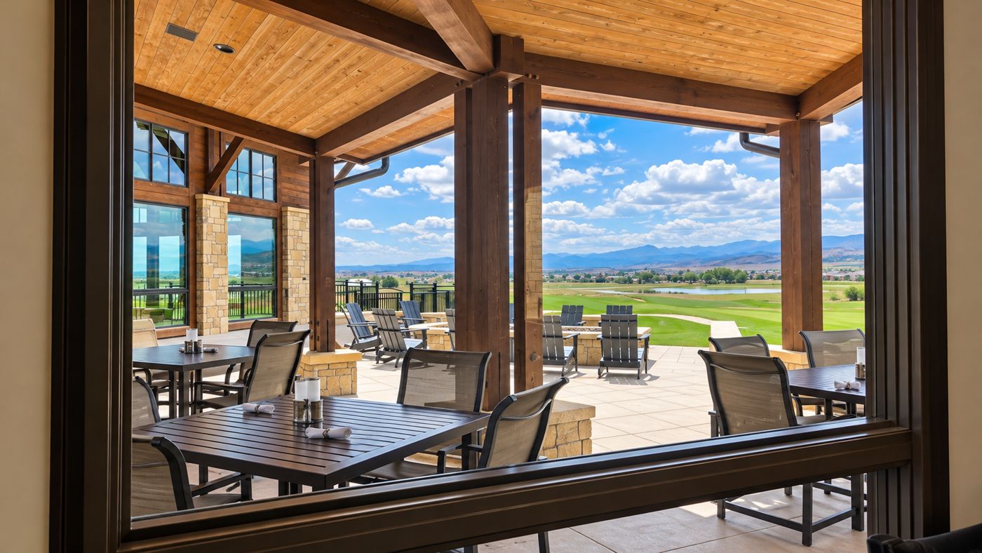 Covered clubhouse patio with fire pits and Front Range views