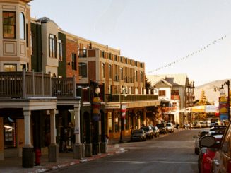 Mountain-town main street with shops (stock photo)